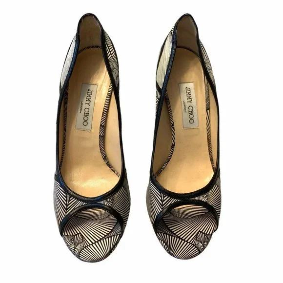 Jimmy Choo Hardy Silk Peep Toe Pumps Art Deco Print Nappa Leather 40.5 1…